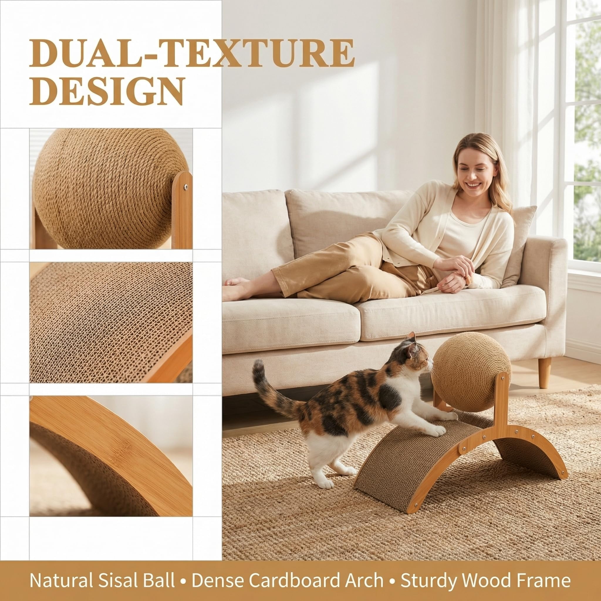 Cat Scratching Ball on Stand, Solid Wood Interactive Cat Scratcher with Arch Bridge & 360° Rotating Ball – Durable Cats Toy for Indoor Cats & Kittens, Prevents Furniture Damage (21.6 * 8.8 * 15.7in)