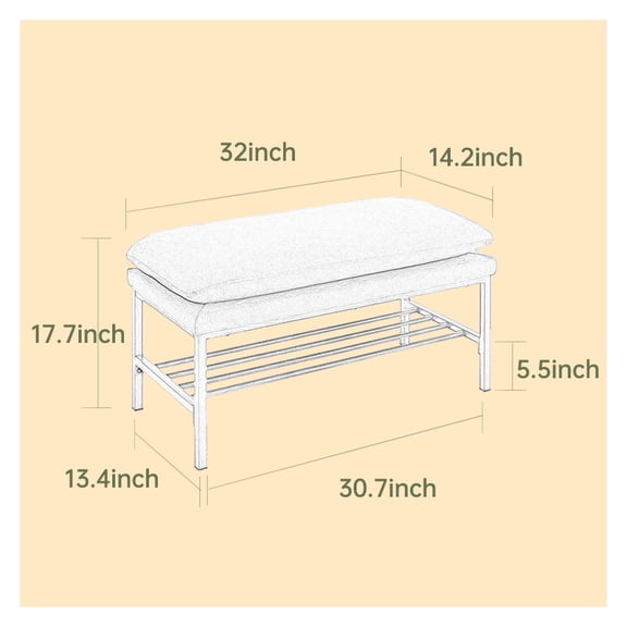 End of Bed Upholstered Storage Bench with Shelf, Shoe Rack, Linen Fabric, Black Metal Legs, 300 LBS Capacity