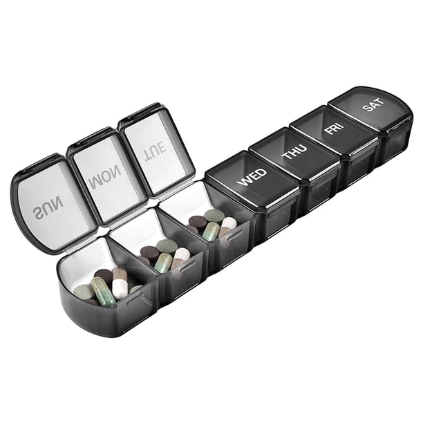 Mini dispensadores de almacenamiento divisores 7 días píldoras de píldoras 7 compartimentos píldoras tablet tablet contenedor de plástico escuelas familiares transparente negro Monstrate HA028292-02