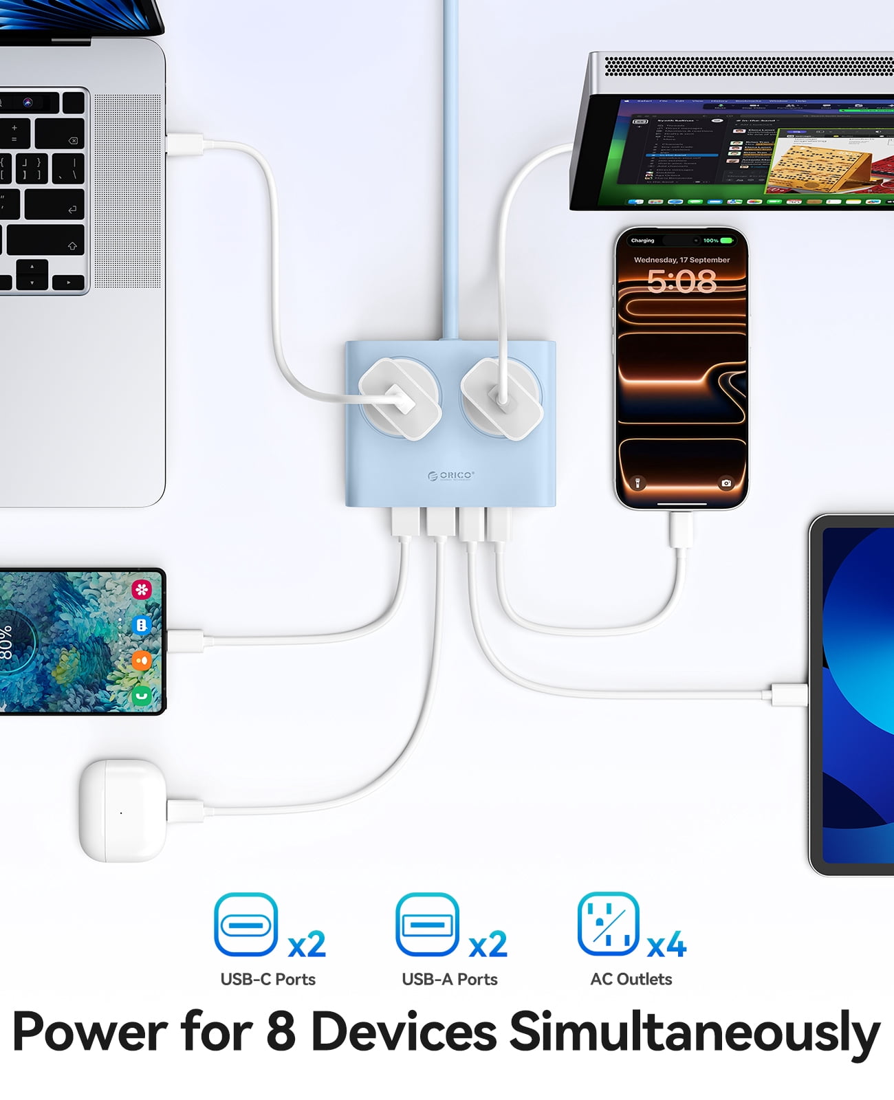 ORICO 25W GaN 8-in-1 Power Strip with 4 AC Outlets & 4 USB Ports (USB-A/USB-C), 5ft Flat Plug Outlet Extender for Home Office Travel(BLUE)