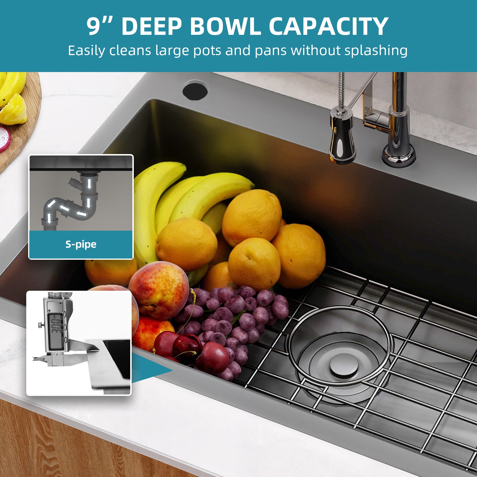 Uforic 28 In Drop-In Kitchen Sink, Stainless Steel Top Mount Single Bowl with Sink Protector, Nano Gunmetal Finish for Workstation, Prep Kitchen, or Bar