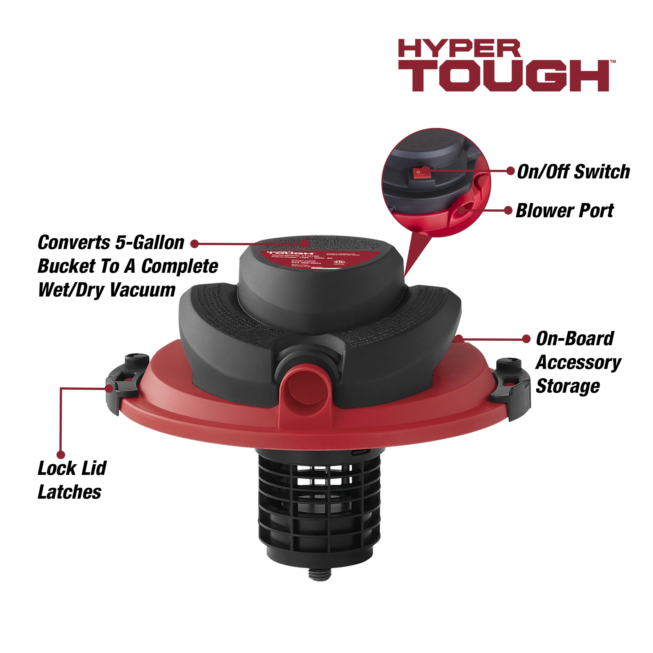 HyperTough 5 Gallon Powerhead Bucket Head Converter- To convert your 5 gallon Bucket into a wet/dry vacuum for the car, garage, home or workshop