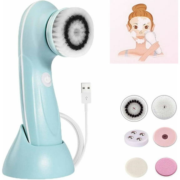 Electric Facial Cleansing Brush, 2025 New Face Scrubber Exfoliator with 6 Cleanser Heads and 2 Speeds Adjustable, Face Spin Brush Waterproof, Rotating Cleanser Massage Brushs Skin (Blue)