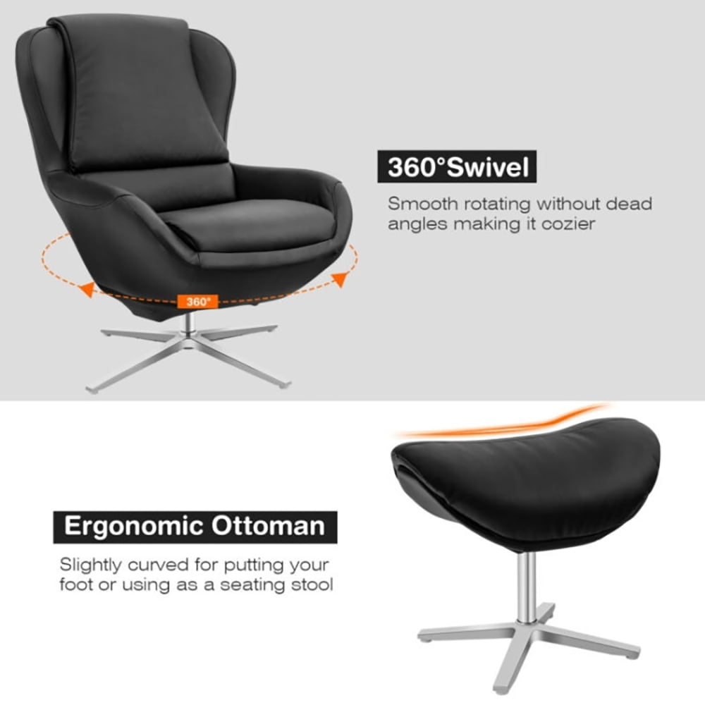 Finihen Leather Soft Upholstered Recliner with Ottoman Footrest, 360° Swivel Leather Lounge Chair with Ottoman and Aluminum Alloy Base, for Living Room, Bedroom, Black Finihen Leather Soft Upholstered Recliner with Ottoman Footrest, 360° Swivel Leather Lounge Chair with Ottoman and Aluminum Alloy Base, for Living Room, Bedroom, Black
