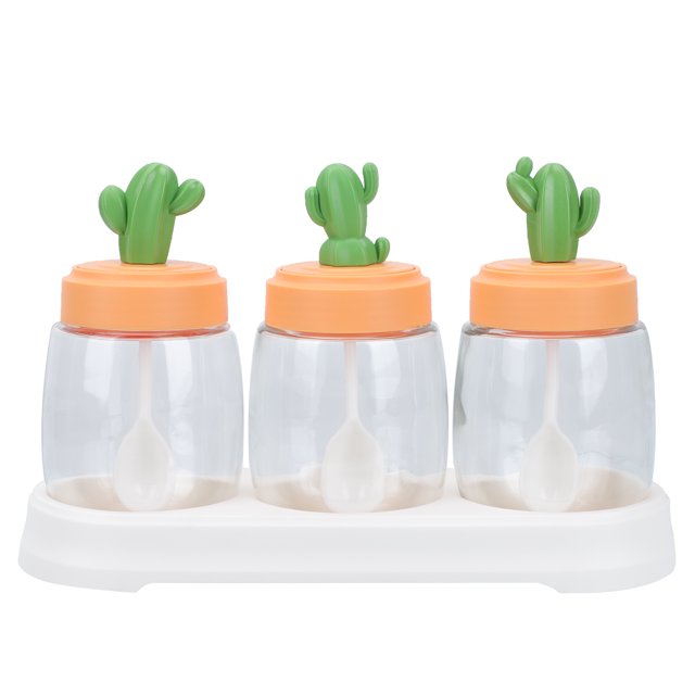 Spice Jar Set of 3 Durable Glass and Plastic Containers with Spoon for Kitchen Storage
