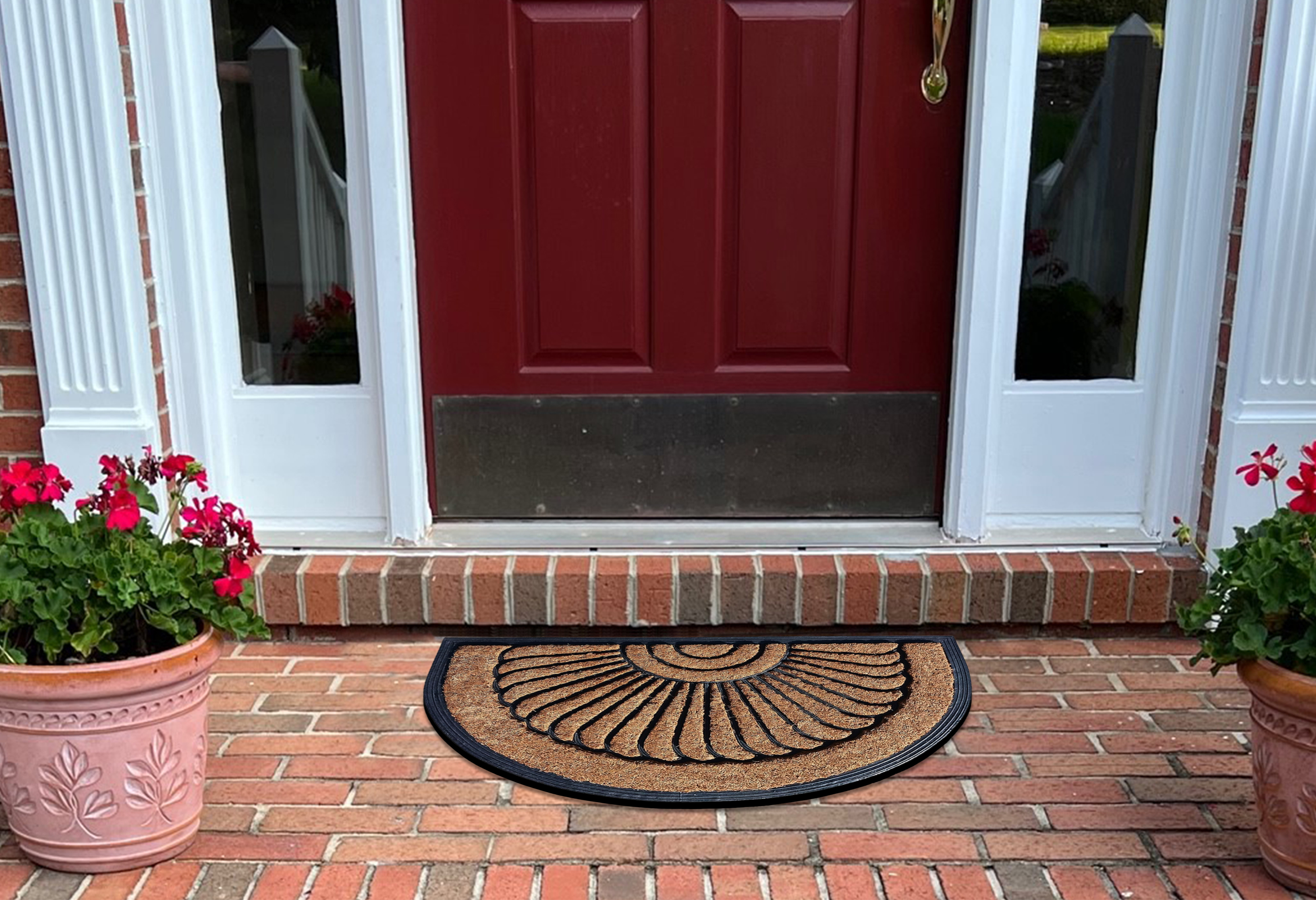 A1HC Natural Coir & Rubber Half Round Door Mat 18x30 Inches Thick Durable Doormats for Entrance Heavy Duty, Long Lasting Front Entry Doormat, Sunburst Black