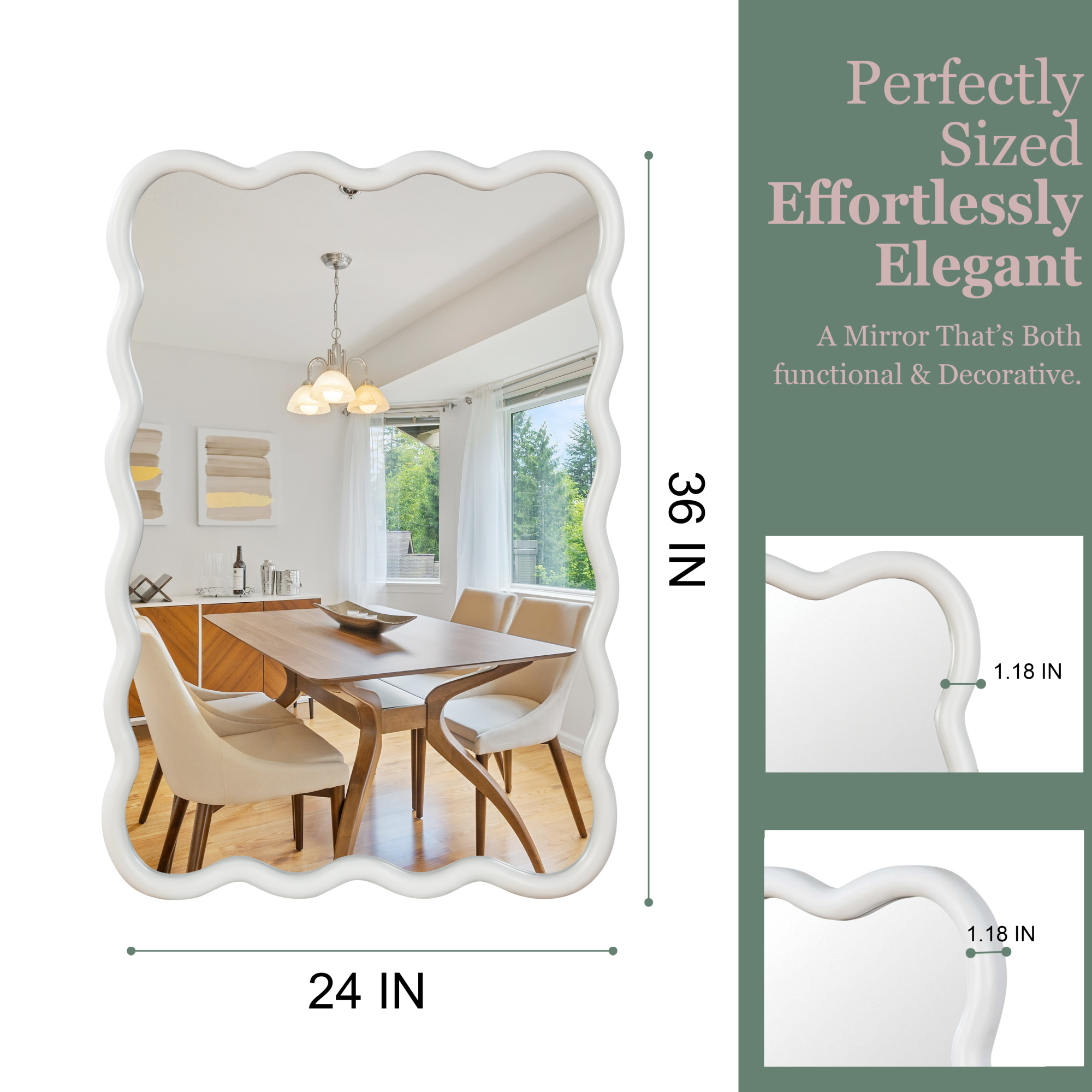 Leumius 24"x36" Wavy Rectangle Mirror, Solid Wood Frame Decorative Mirror for Bedroom Bathroom Living Room Entryway White