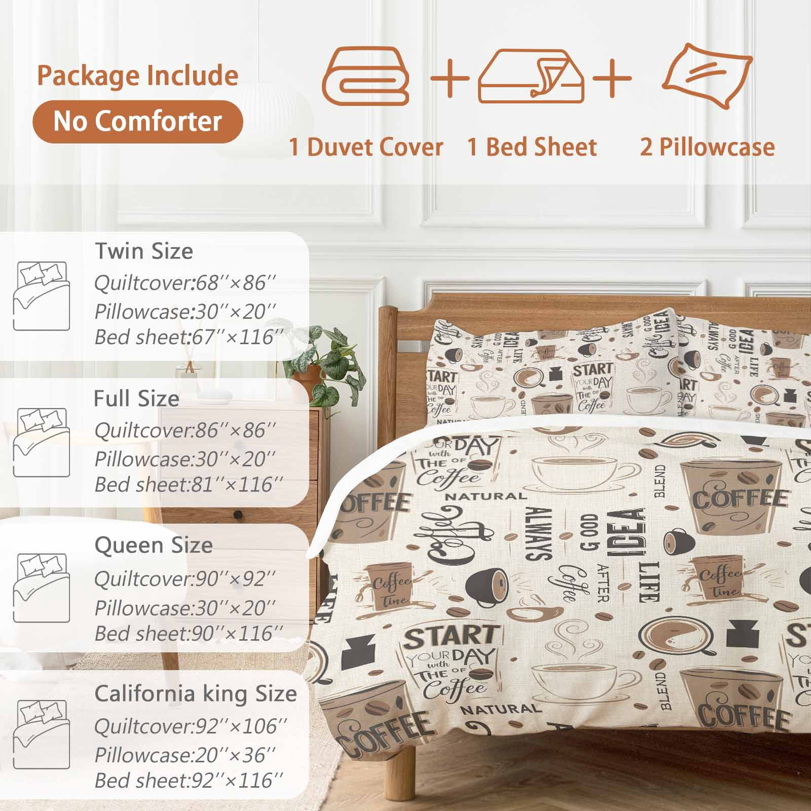 Coffee Cup Bedding Duvet Cover Set Full Size 4 Pieces Coffee Beans Linen Background Soft Twill Plush Quilt Cover, Include 1 Duvet Cover 1 Flat Sheet And 2 Pillow