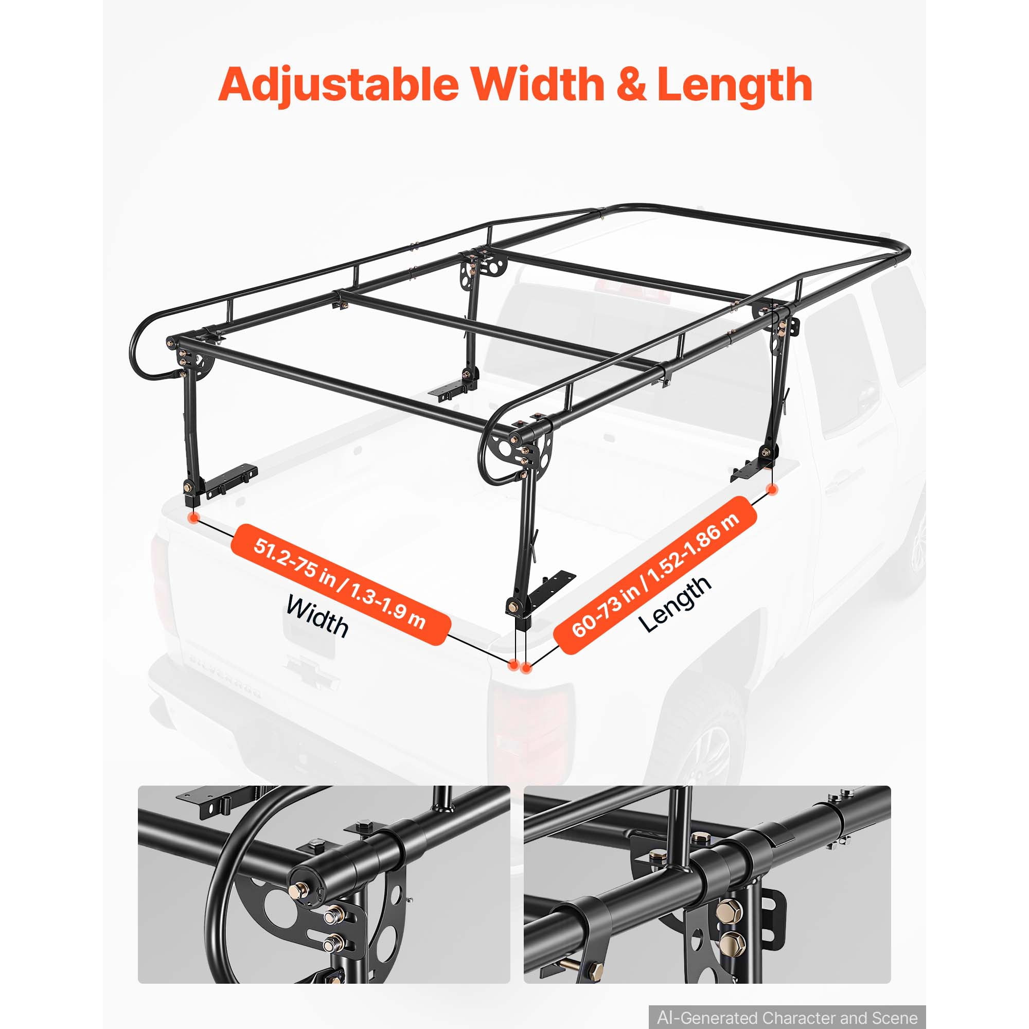 KFFKFF Truck Ladder Rack with 1500LBS Capacity, Adjustable Over-Cab Design for 51.2"-75" Truck Beds, Ideal for Kayaks, Surfboards, Lumber, and Heavy Cargo, Non-Drilling Installation