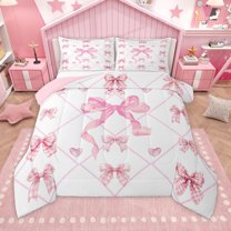 Homewish Checkered Bowknot Ribbon Queen Comforter Set,Cute Bowtie Bow Bedding Sets,White Pink Bedding Comforter Set For Kids,Breathable Home Decor Reversible,3pcs