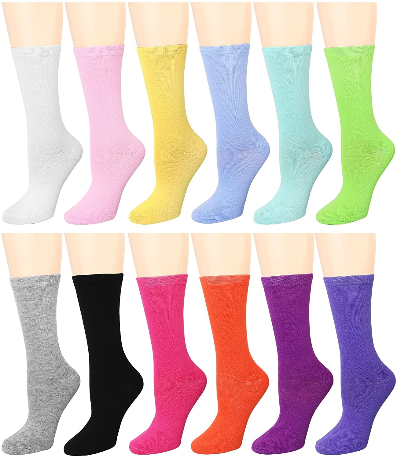 New Lot 12 Pairs Womens Multiple Color Crew Socks Cotton Size 9-11 Fashion