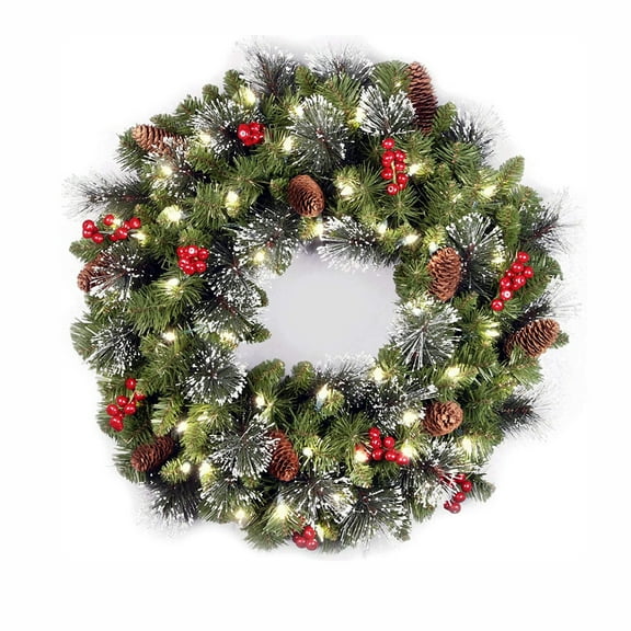 Pre-Lit Artificial Christmas Wreath with LED Lights  11.8" Green Pine Wreath with Frosted Branches, Pine Cones & Berries  Battery Operated Holiday Door Decoration