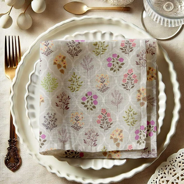 Vargottam Gray Floral Pattern Cotton Muslin Napkins - Set of 12, 20-Inch, Luxurious Soft Cloth Napkins for Dining & Events, Absorbent, Washable & Tableware