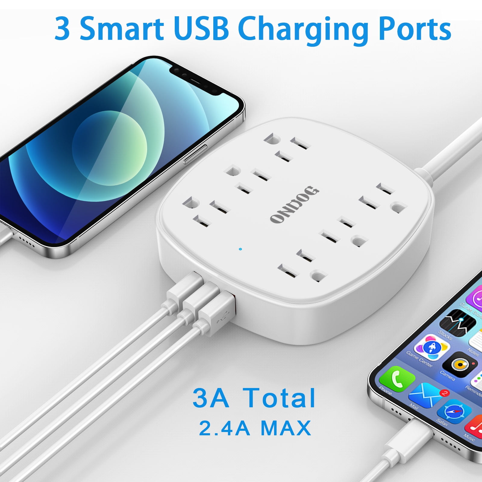 ONDOG 6ft Flat Plug Extension Cord- Power Strip Surge Protector with 6 Outlet Extender and 3 USB Ports, ETL Listed