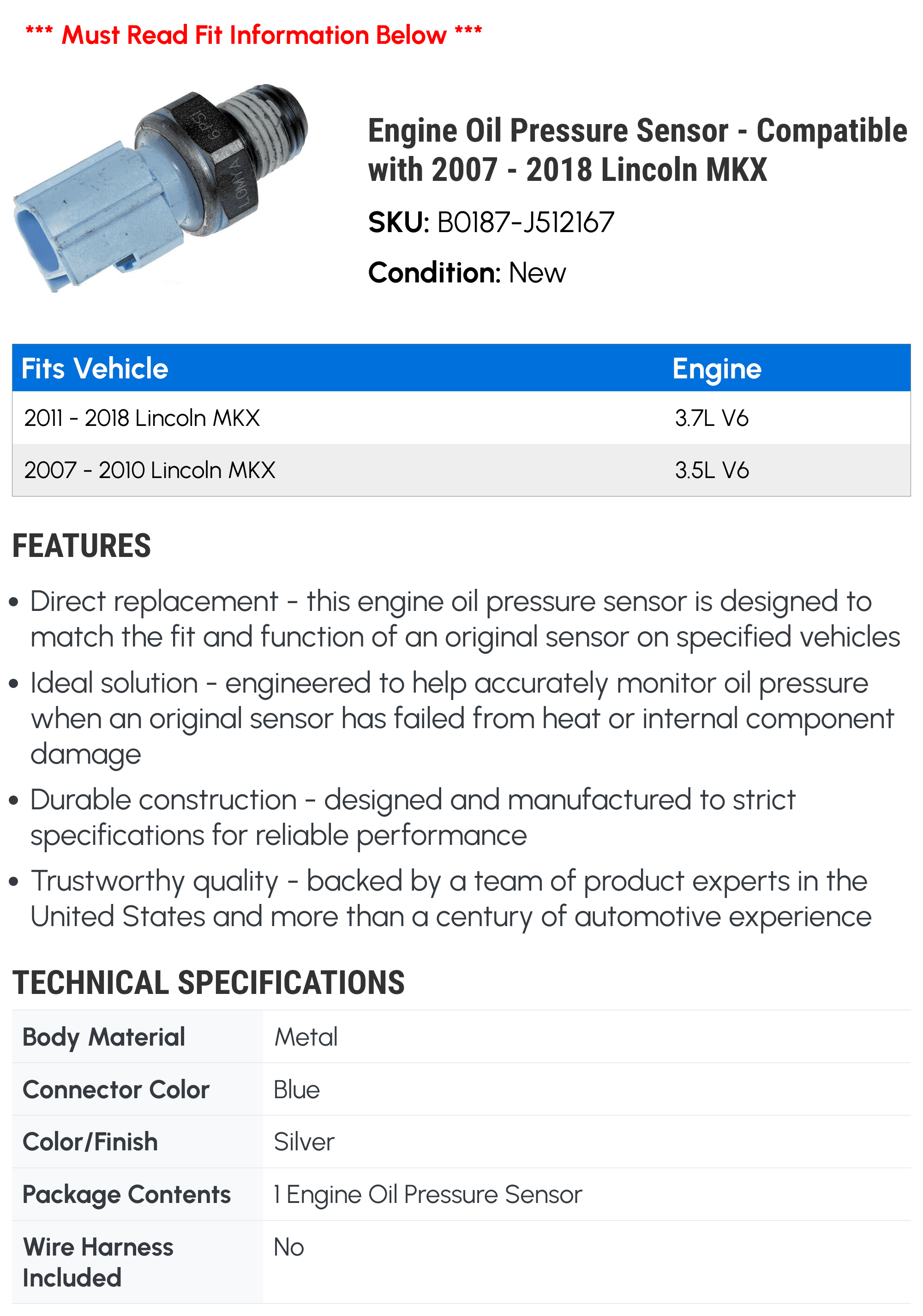 Engine Oil Pressure Sensor - Compatible with 2007 - 2018 Lincoln MKX - Dorman
