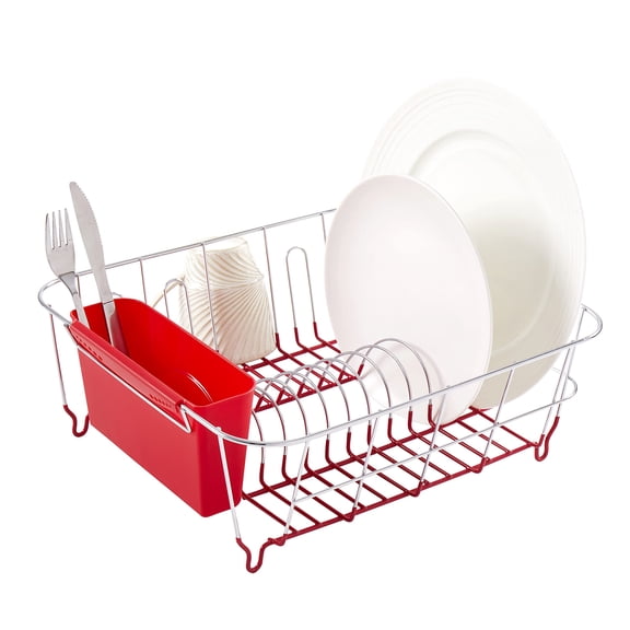 Dish Drying Rack & Cutlery Holder 2 Piece Set - Compact Sink-Fitting Dish Drainer with Rubberized Undercoating, Space-Saving Kitchen Organizer for Plates, Cups, Bowls & Utensils in Sink, Silver