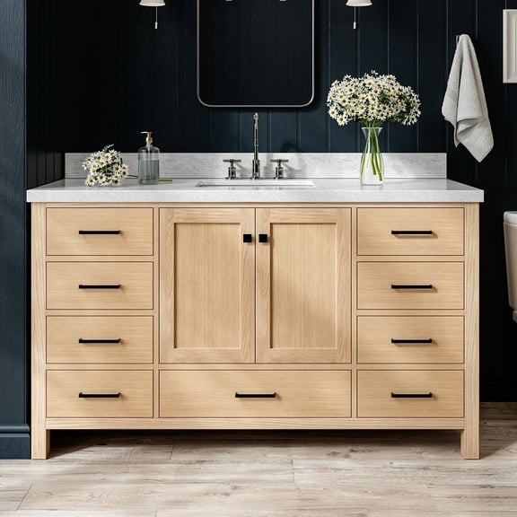 Ariel Cambridge 61 Inch Single Rectangle Sink Bathroom Vanity With Italian Carrara Marble Countertop 1.5 Inch Edge In Oak