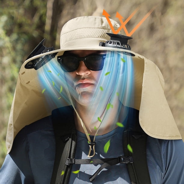 Sombrero de ala ancha para hombre, con ventilador solar, para pesca al aire libre, con solapa para el cuello, gran abanico de viento para hombre y mujer, sombrero de pescador refrescante, protector