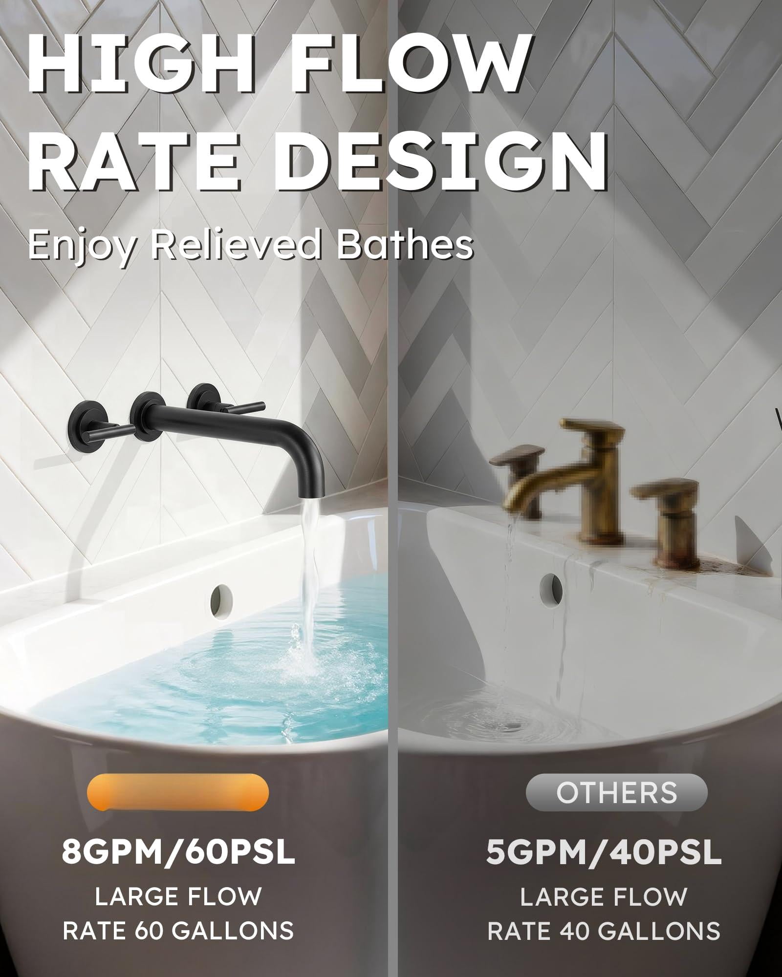 Wall Mount Tub Filler Black Solid Brass Two Handles Long Spout Bathroom Bathtub Faucet