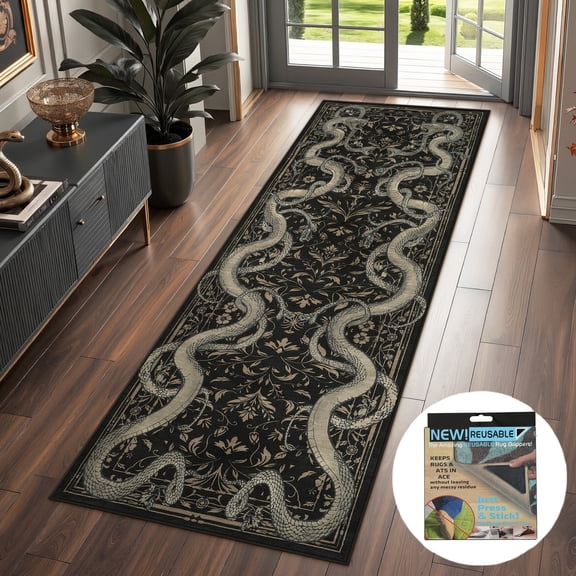Fnova 2x6 Washable Snake Print Area Rugs, Non Slip Stain Resistant Gothic Indoor Carpet, Oeko-Tex Certified, Black