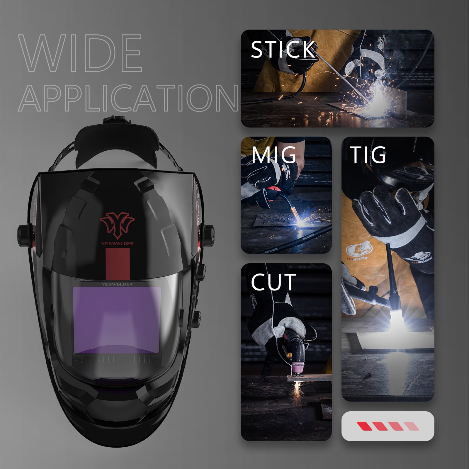 YESWELDER True Color Auto Darkening Welding Helmet, Hemispherical Lens, Large View, Battery Powered, 4 Arc Sensors, Shade 4~5/9–9/13 for TIG MIG Stick Grind Cut