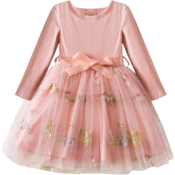 JiAmy Robes Arc-en-Ciel pour Filles Robe à Volants Manches Longues Enfants Paillettes Jupe en Tulle Côtelée pour 1-6 Ans
