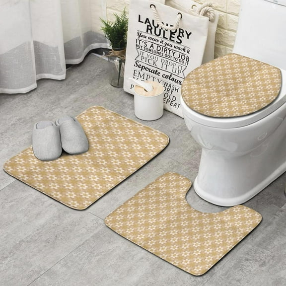 Golden Christmas Pattern Bathroom Rugs Sets 3 Piece,Toilet Cover Set,Absorbent Non Slip Bathroom Mats Sets with U-Shaped Contour Rug Toilet Rug Set