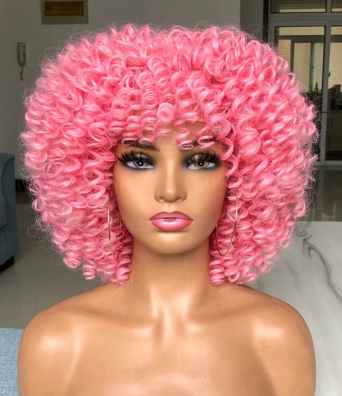 Annivia Afro Curly Wigs With Bangs Short Kinky Curly Wigs For Black Women Synthetic Pink