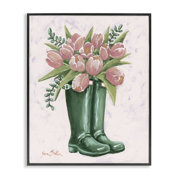 Stupell Industries Pink Tulips in Boots Floral Painting Black Framed Art Print Wall Art, 11 x 14