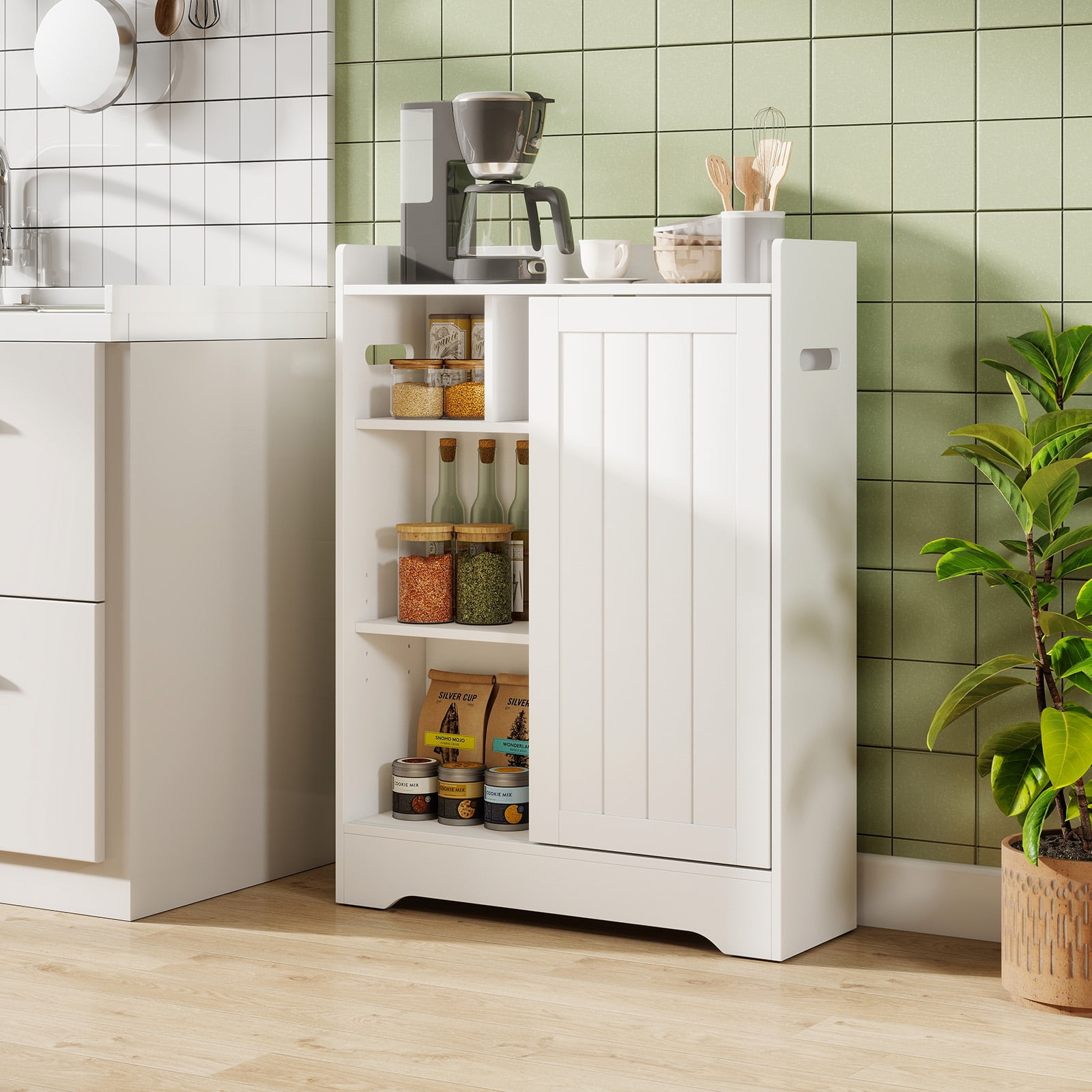 Gymax Bathroom Floor Cabinet w/2 Sliding Doors & Adjustable Shelves for Small Spaces