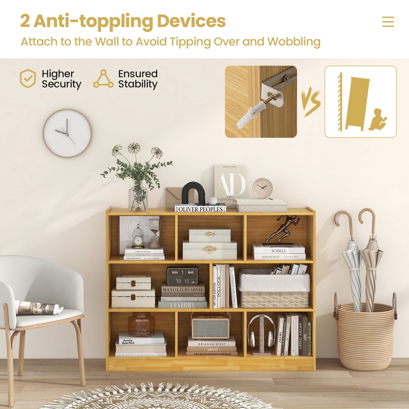 Topbuy 3 Tier Anti-Toppling Devices Modern 8 Cube Bookcase, Engineered Wood, 48"x 12.5" x 36.5"