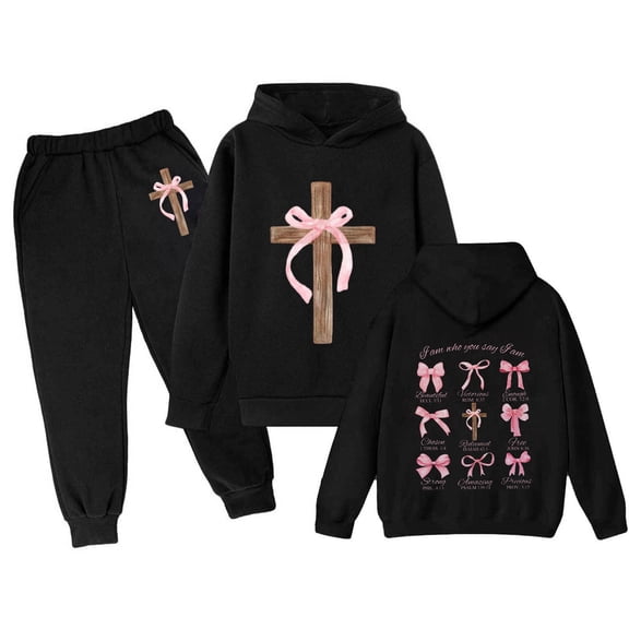 Kids' Hoodie Set With Cross Bowknot Print Hooded Sports Casual Hoodies Sweatshirt 2 Piece Sets Set Black 3 Y-4 Y