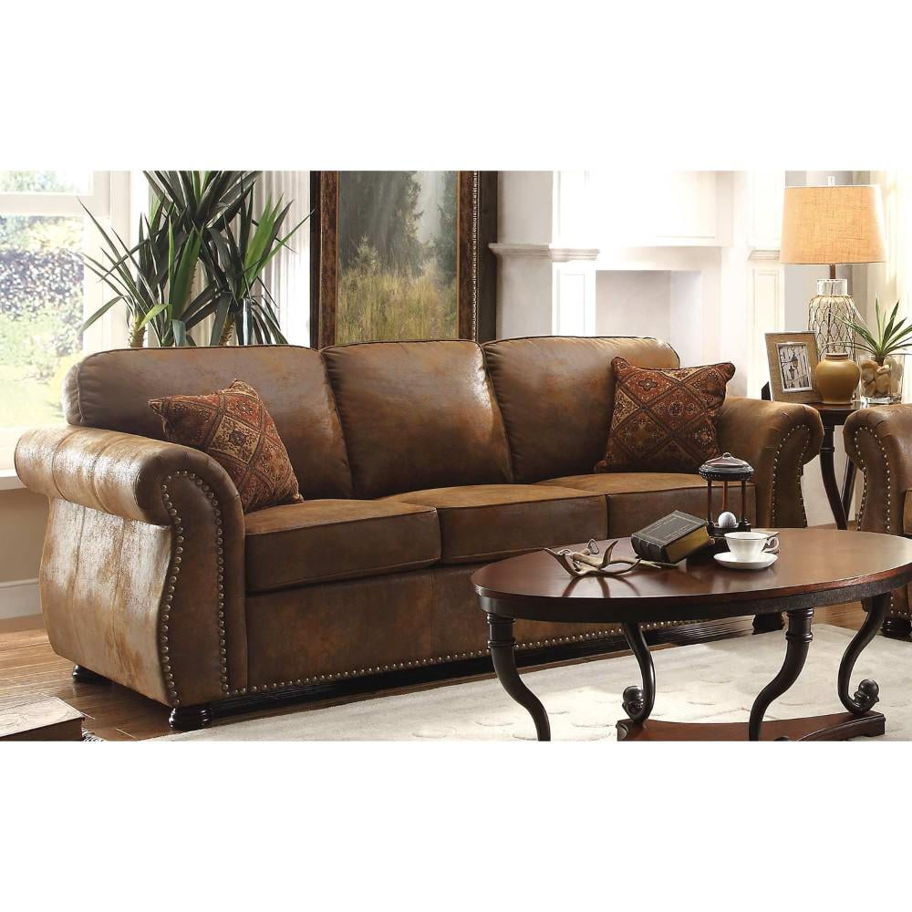 Microfiber Upholstered Sofa with Nail Head Detail , Brown - Walmart.com