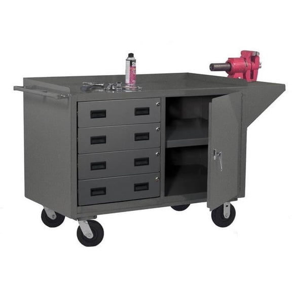 Durham 3401-95 16 Gauge Lockable Mobile Bench Cart with 3 Shelves & 4 Drawers Tubular Push Handled, Gray - 60 in.