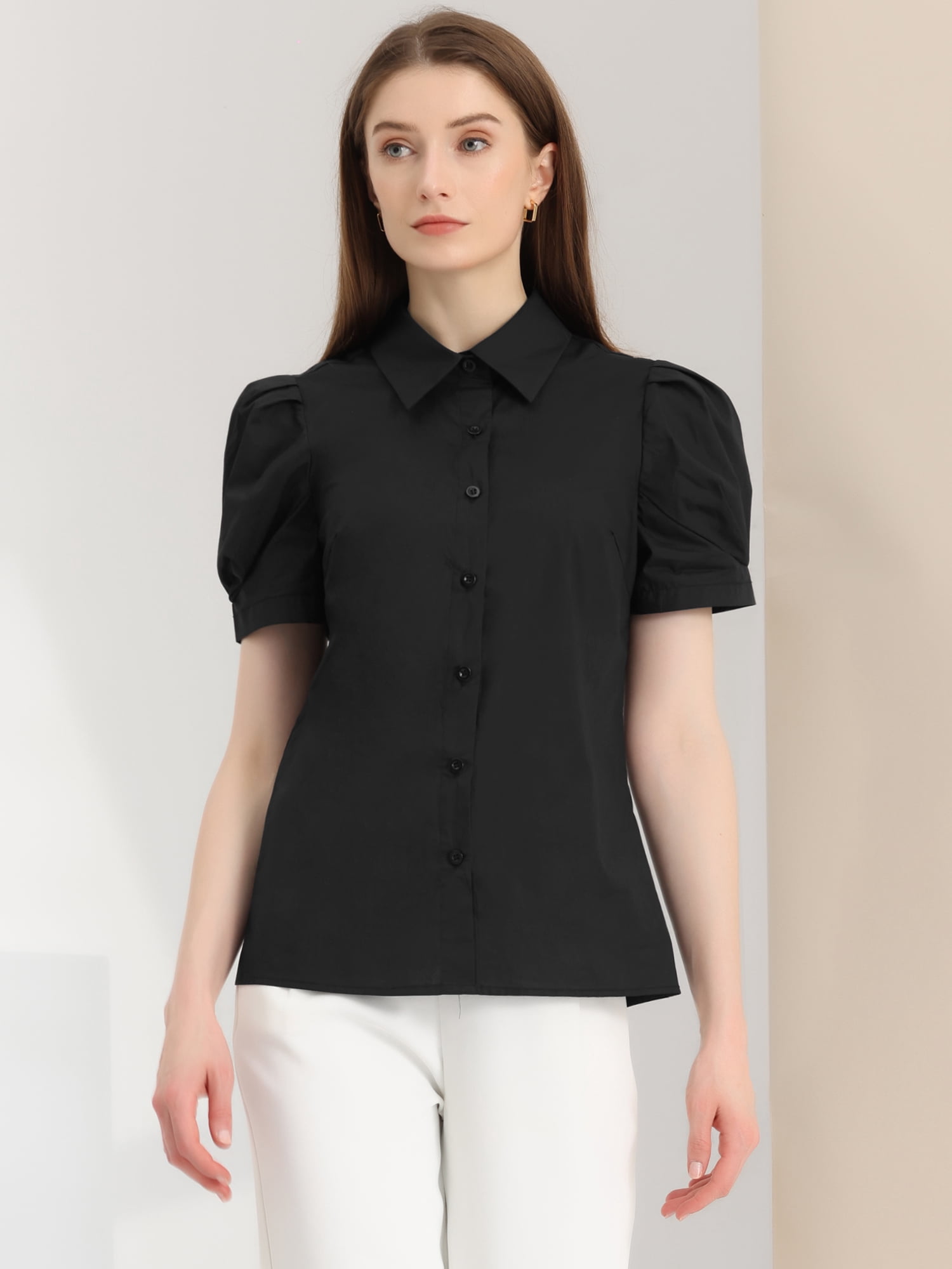 DARING DIVA Women's Puff Sleeve Turn Down Collared Work Office Button Down Shirt L Black