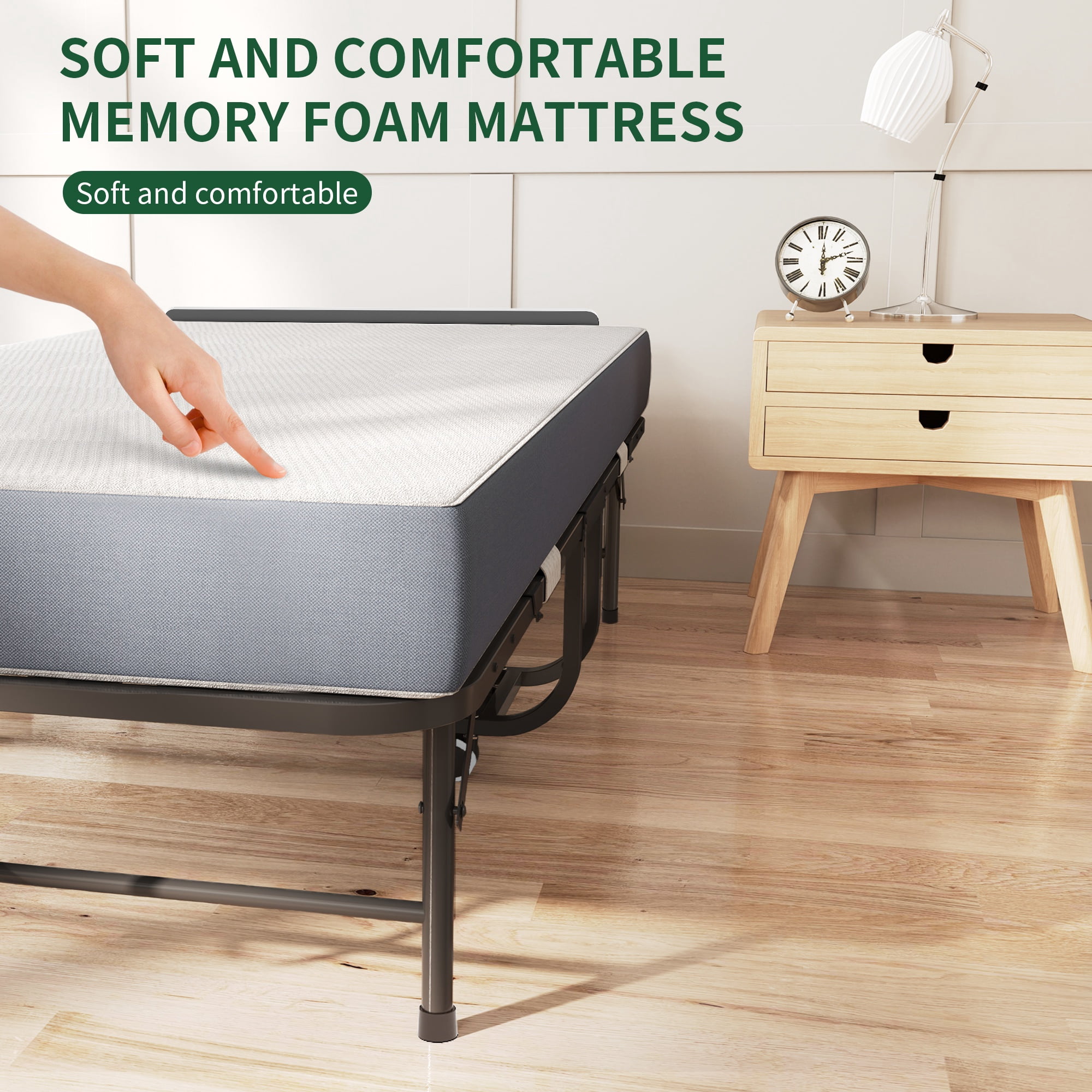 PORKISS Extra Wide Folding Bed with Mattress for Adults, Rollaway Guest Bed with 5" Memory Foam Mattress, Portable Foldable Bed with Locking Wheels, Space Saving Guest Bed, 74.8" x 45.6"