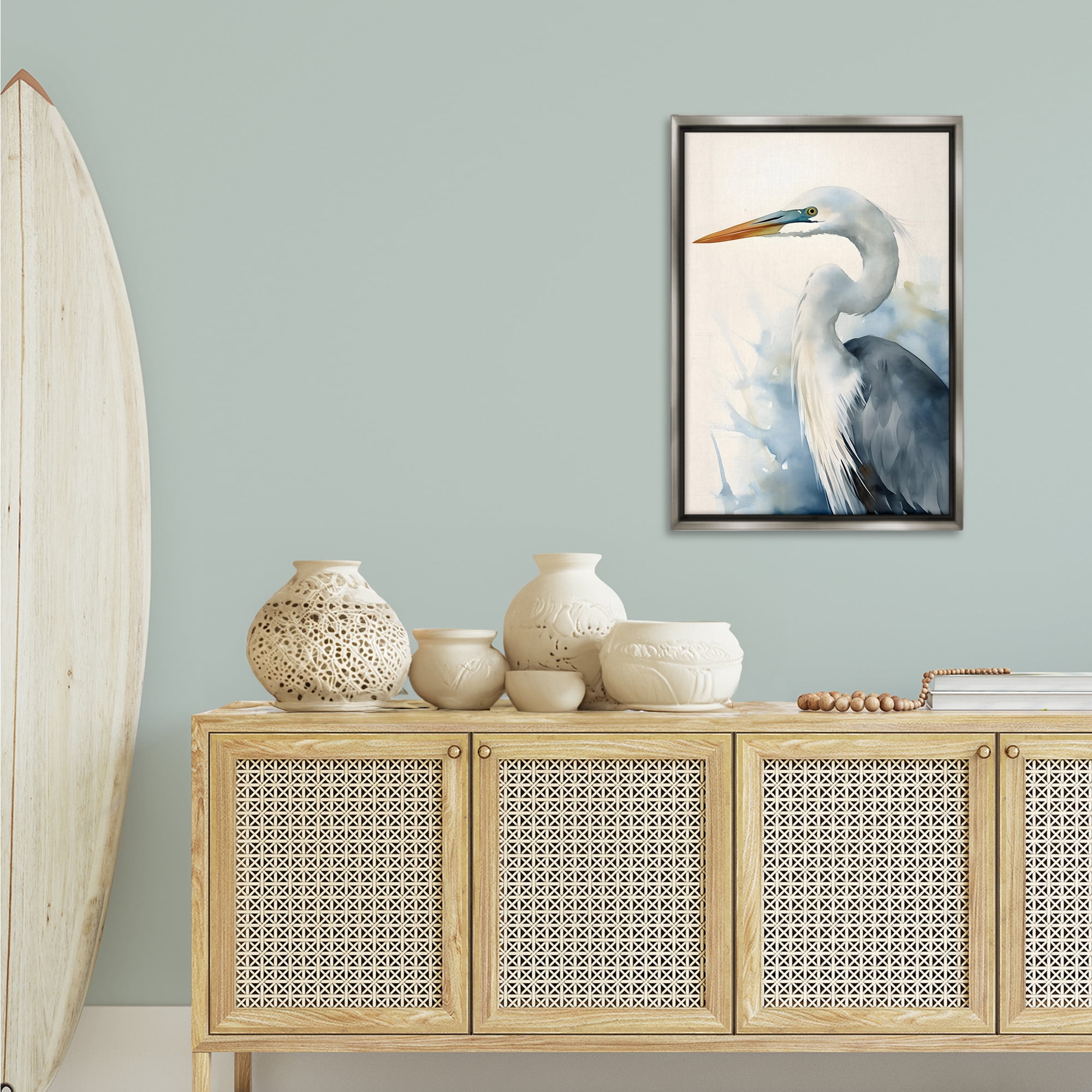 Stupell Industries Quiet Heron View Animals & Insects Painting Gray Floater Framed Canvas Art Print Wall Art, 21 x 31