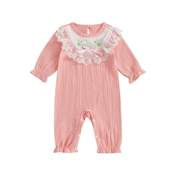 Rovasas Baby Girl Romper Floral Embroidery Lace Ruffled Long Sleeve Jumpsuit