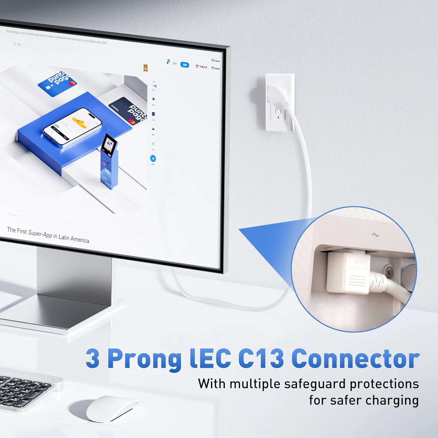 POWERCORDS 6FT 90Degree Computer Power Cord, Flat Plug to Right Angle IEC C13 Power Cord, Universal PC Power Supply Cord, 16AWG, White C13 3 Prong Angled AC Power Cord for PC Monitor/TV, 2-Pack