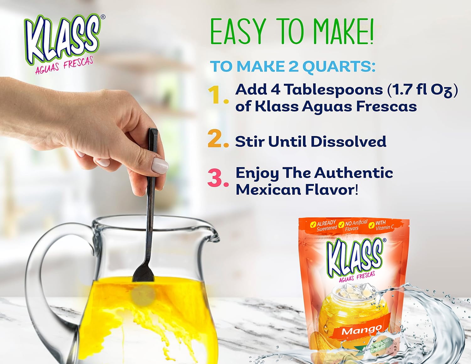 (2 pack) Klass Aguas Frescas Mango, with Vitamin C, Multiserve, Powdered Drink Mix, 14.1oz