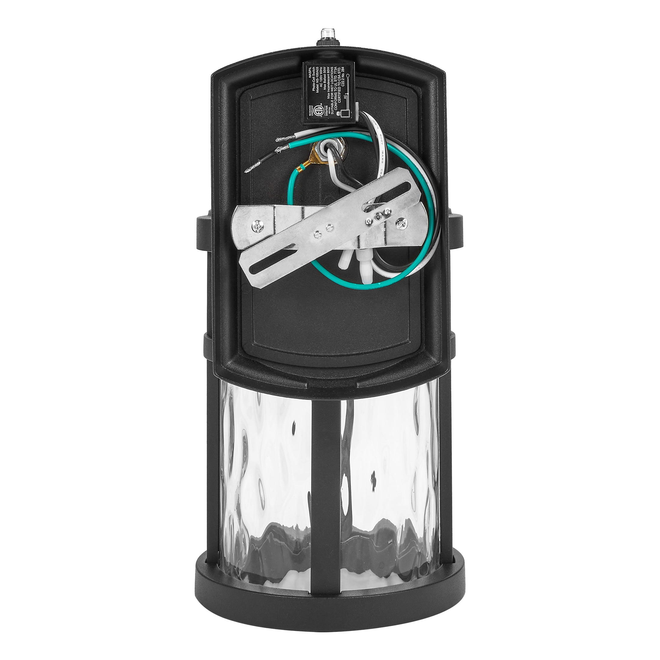 Maxxima LED Outdoor Wall Light, Black Finish, Clear Hammered Glass, Dusk to Dawn Sensor, 750 Lumens, 3000K Warm White