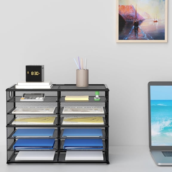 12 Compartments Paper Organizer for Desk, Mesh Literature Organizer, Mail File Sorter Tray with Handle, Desktop Mailbox for Office Classroom Home, Black