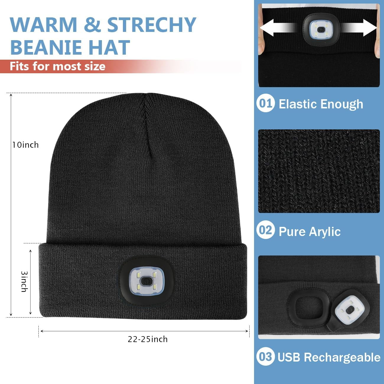 Unisex Hat with Light, 2 Pack USB Rechargeable Hands Free Headlamp LED Beanie,Gifts for Dad Father Men Husband Winter Warm Knitted Cap (Black & Black)