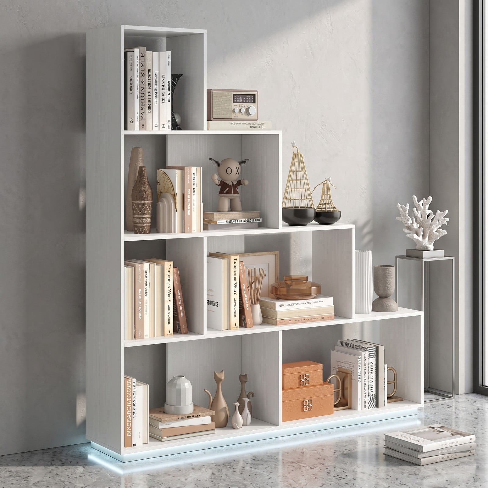 Furnibear 4-Tier Stair Bookshelf, Geometric Ladder Bookcase with 6 Open Cube Display Shelves, Freestanding Corner Storage Rack for Living Room Bedroom Home, White