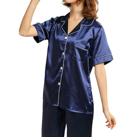 

Calsunbaby Women s Satin Pajamas Sets Short Sleeve Tops Long Pants Nightwear