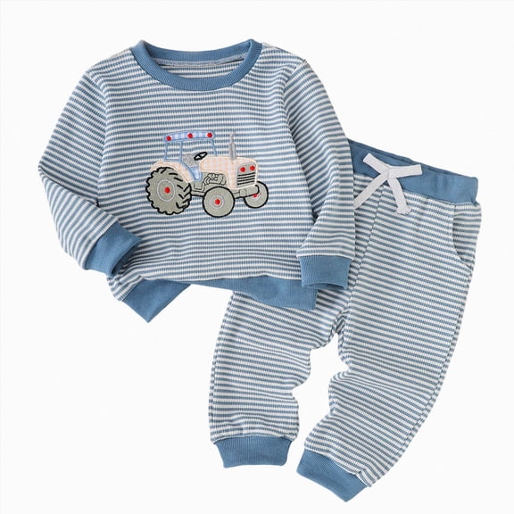 mgoYE Toddler Baby Boy Clothes Infant Fall Winter Outfits Striped Waffle Long Sleeve Crewneck Sweatshirts Pants 0-3T