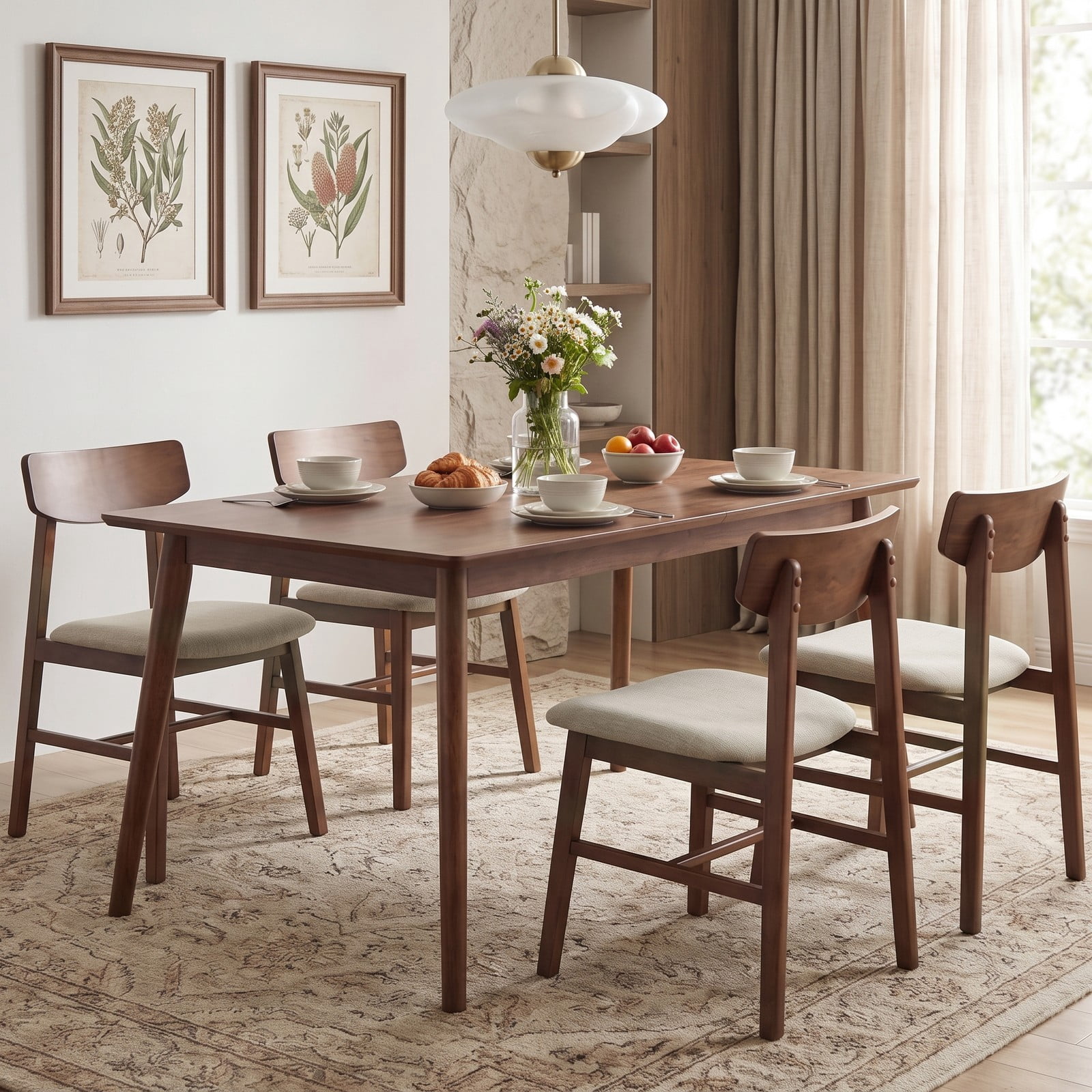 Furnibear Solid Rubber Wood Dining Chairs Set of 4, Mid-Century Modern Upholstered Kitchen Side Chairs with Curved Backrest, Linen Fabric Padded Seat, Walnut & Gray