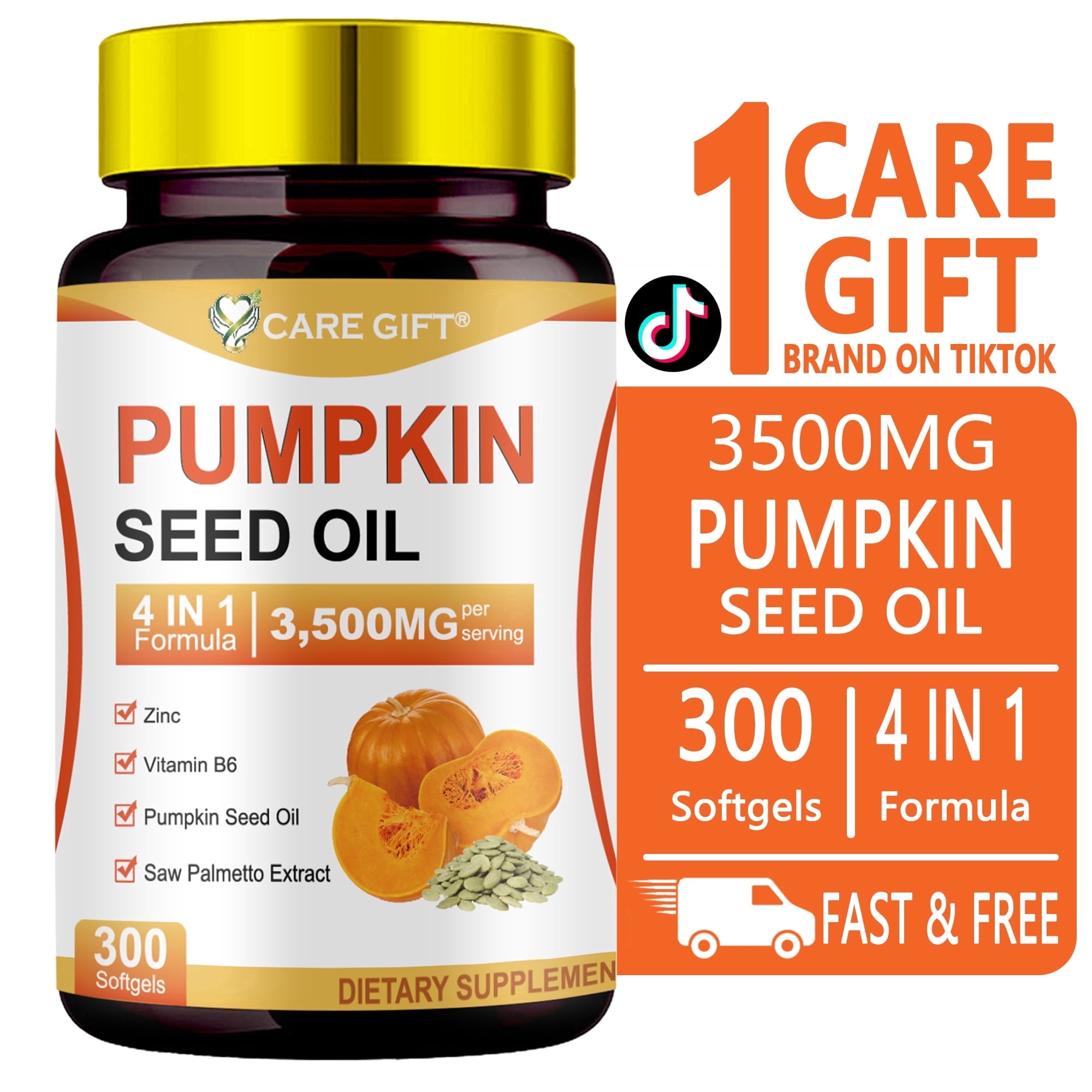 CARE GIFT Pumpkin Seed Oil with Saw Palmetto 3500mg - Zinc Vitamin B6 4-in-1 Advanced Formula, Hair Urinary Prostate Health Support, 300 Softgels