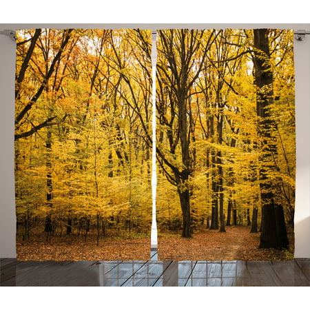 Fall Decorations Curtains 2 Panels Set, Epic View Deep Down in Forest with Shady Leaves Rural Habitat Scene, Window Drapes for Living Room Bedroom, 108W X 84L Inches, Yellow Brown, by