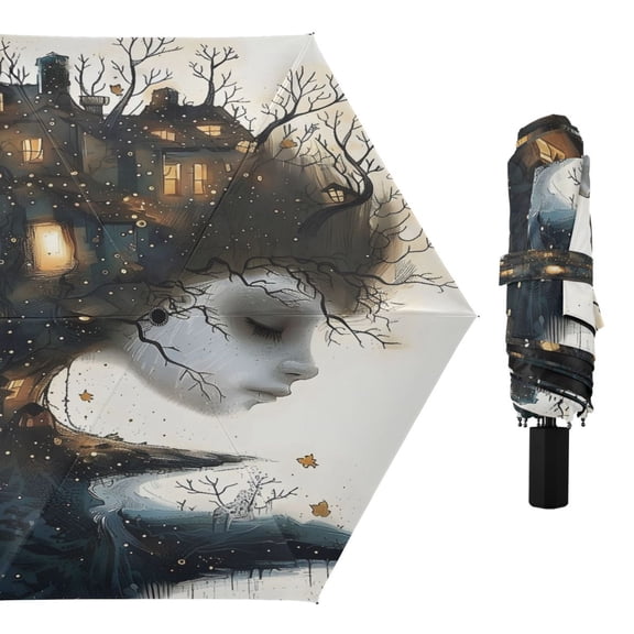 House Tree Girl Face Compact Sun Umbrella Windproof Travel Umbrellas for Rain Strong Portable UV Protection